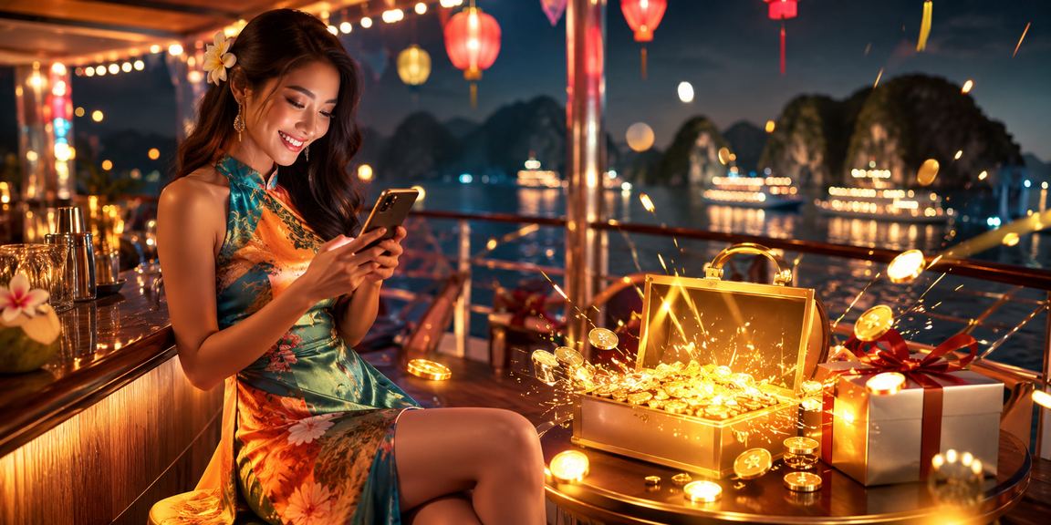 Người phụ nữ mặc áo dài chơi casino trên điện thoại tại vịnh Hạ Long