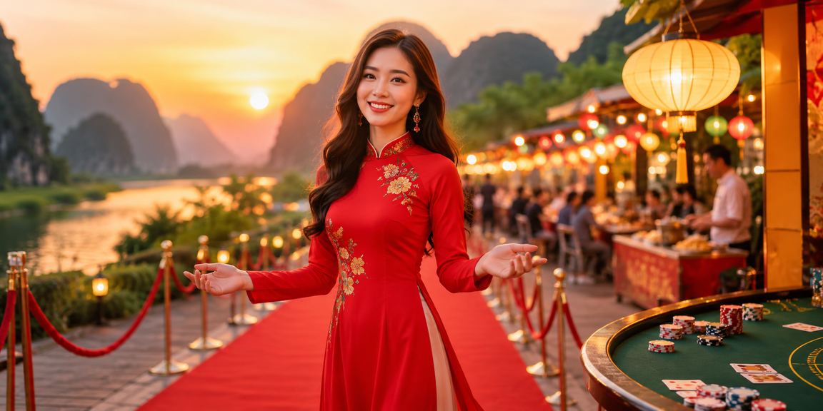 Không gian casino sang trọng tại Việt Nam với ánh đèn vàng ấm và bầu không khí giải trí cao cấp